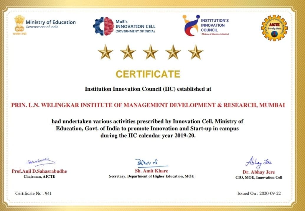 Five Stars for WeSchool by  Innovation Cell, Ministry of Education, Govt. of India