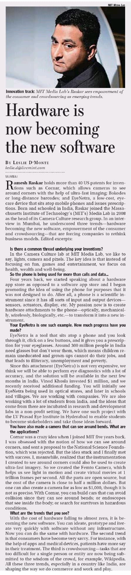 Prof Ramesh Raskar,the Technovator speaks to Mint...at WeSchool