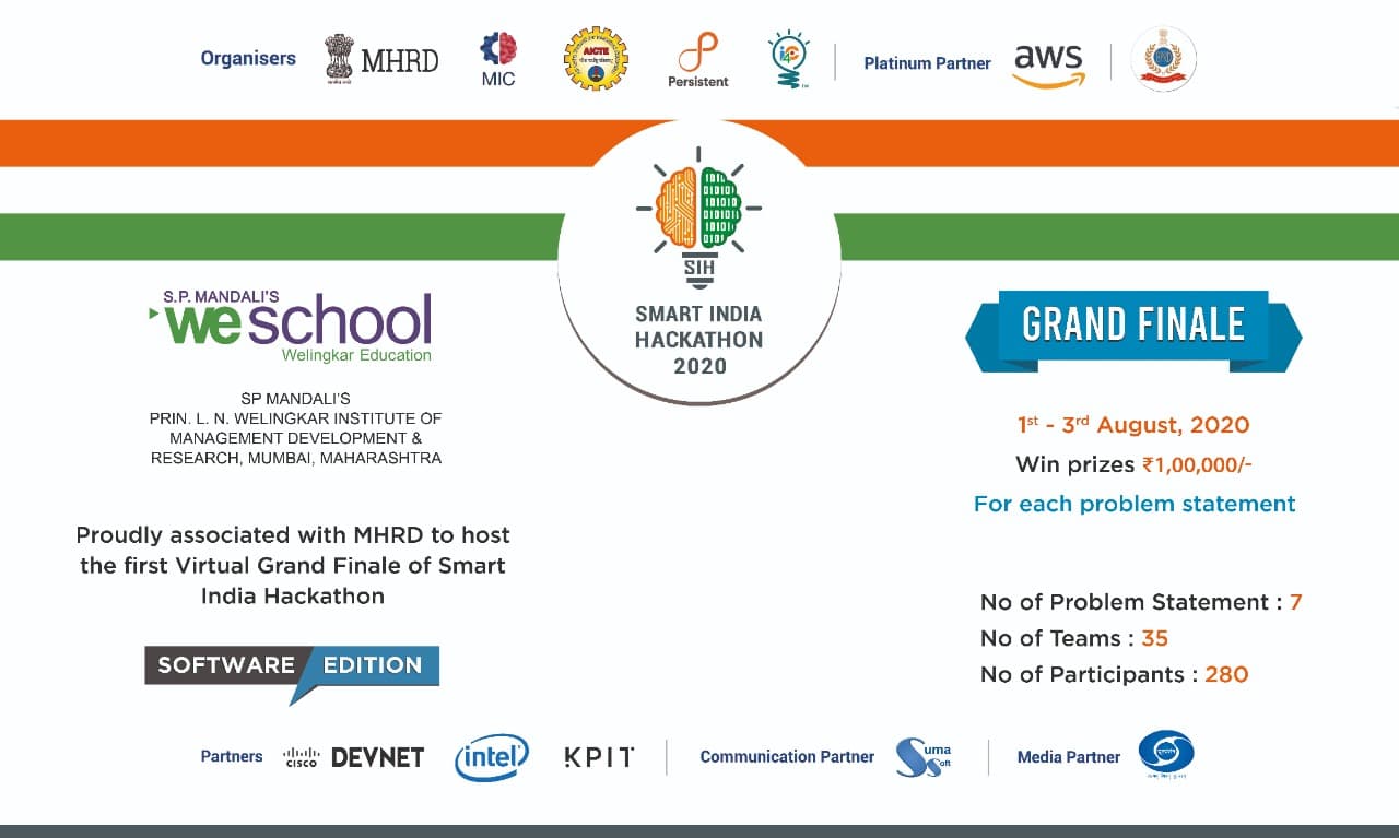 1 August 2020: S.P. Mandali's WeSchool is proud to partner as the only nodal centre from Mumbai for the first ever virtual Smart India Hackathon 2020 (Software Edition)